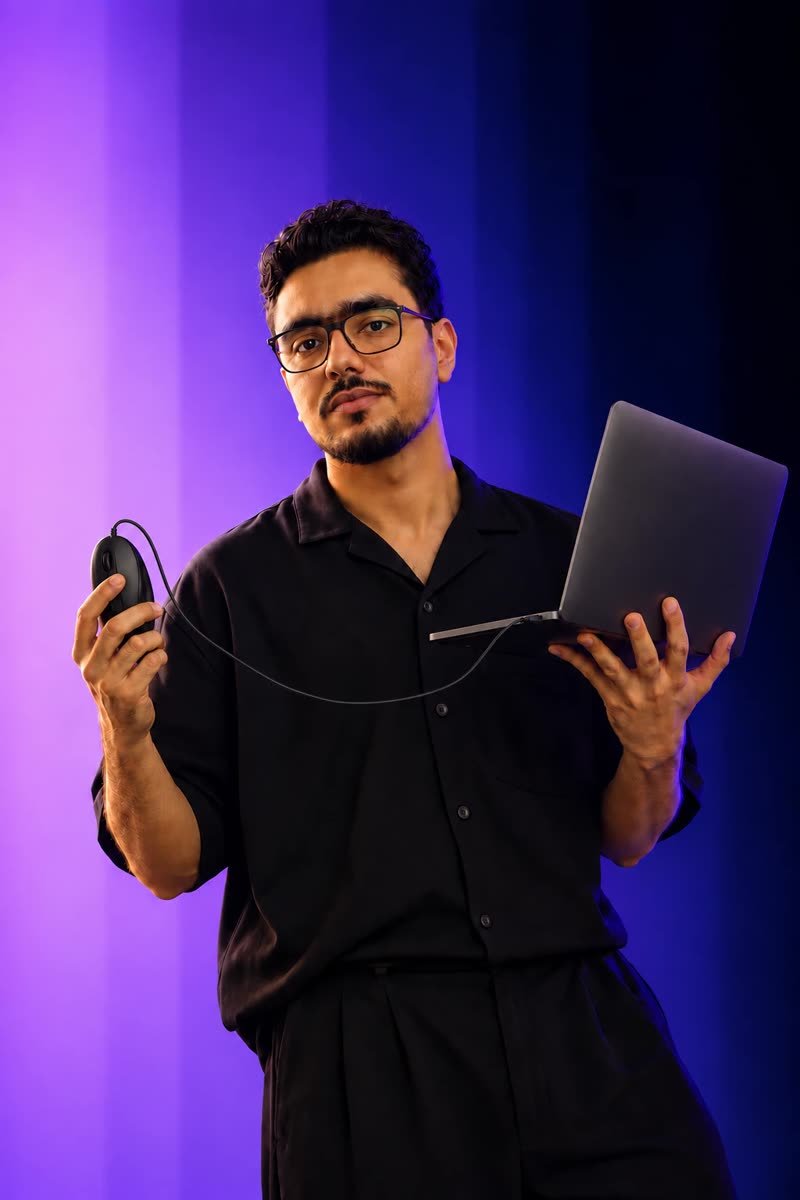 Badr, founder of OrlaDent, holding a laptop and mouse